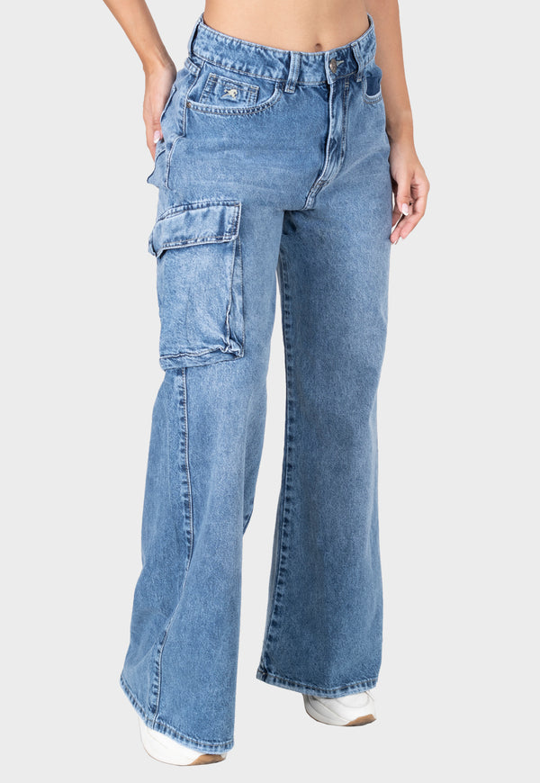Pantalon jean wide cargo azul para mujer