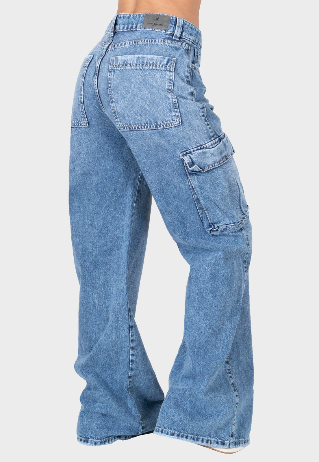 Pantalon jean wide cargo azul para mujer
