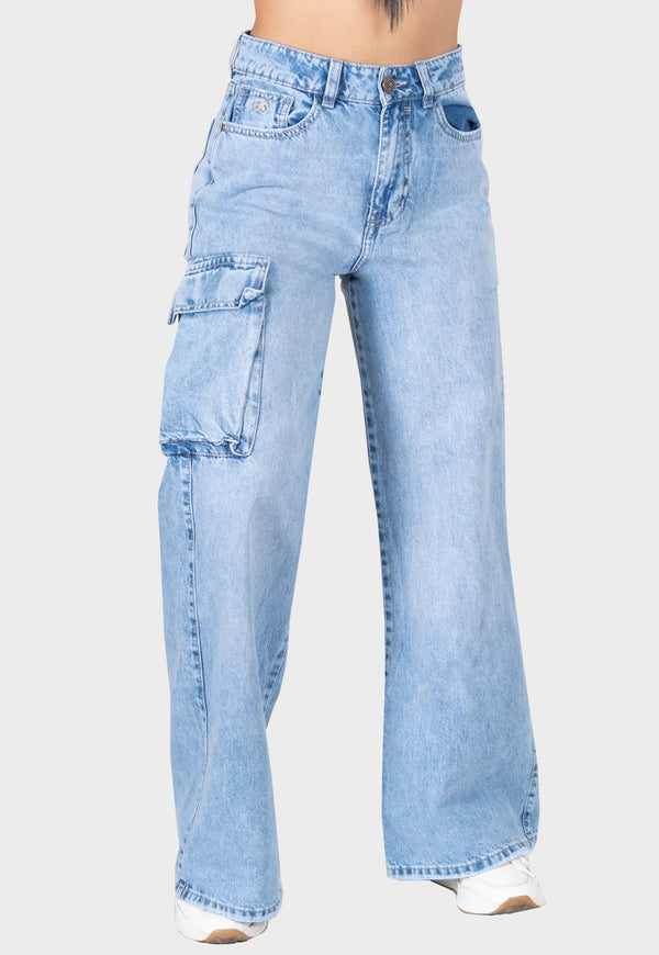 Pantalon jean wide cargo azul para mujer