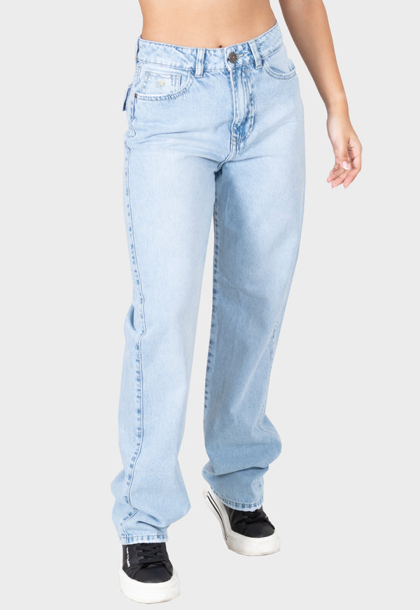 Pantalon jean straight cargo azul para mujer